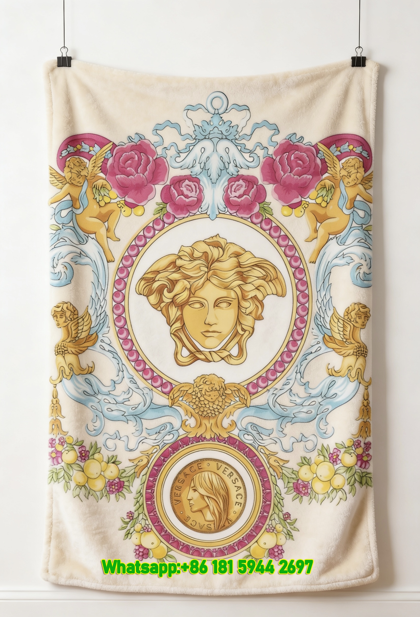 Versace Gold Medusa Floral Print Flannel Throw Blanket Luxury Pink Blue Baroque Patterned Sofa Cover Blanket IMG_1342